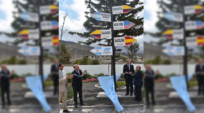 Inauguron un hito que marca la distancia entre el Ecuador y las Islas Malvinas