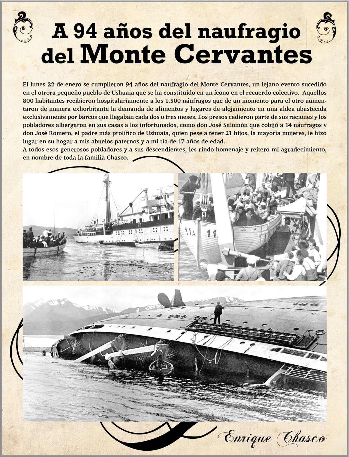 A 94 años del naufragio del Monte Cervantes
