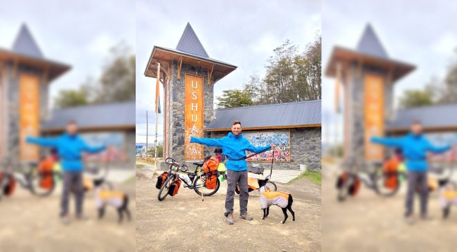 Ciclista y su compañera perruna llegaron a Ushuaia