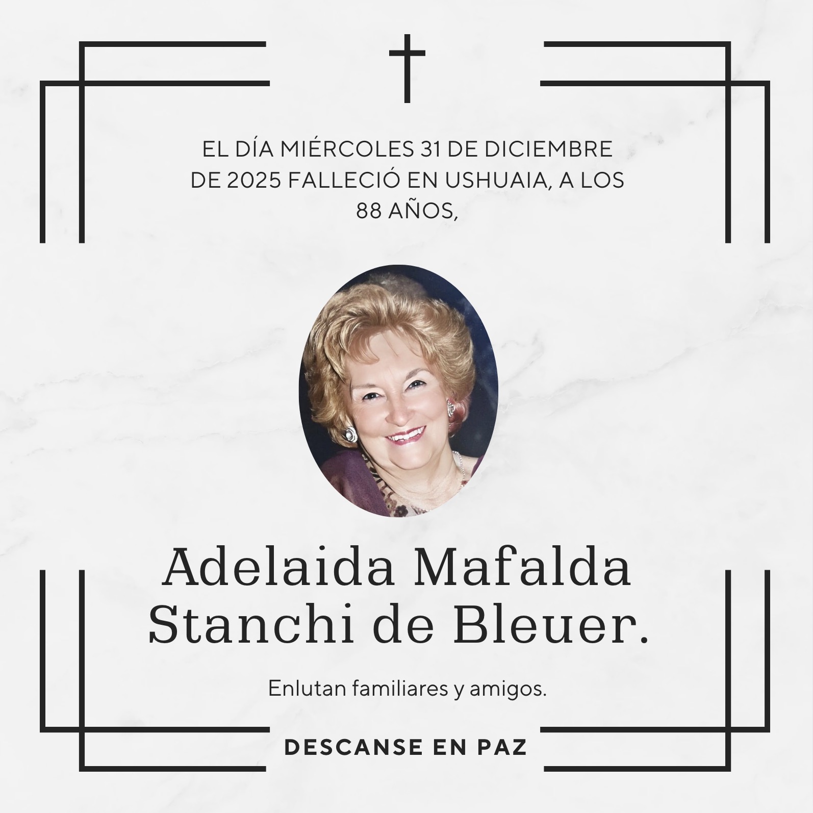 Fallecimiento | Adelaida Mafalda Stanchi de Bleuer.