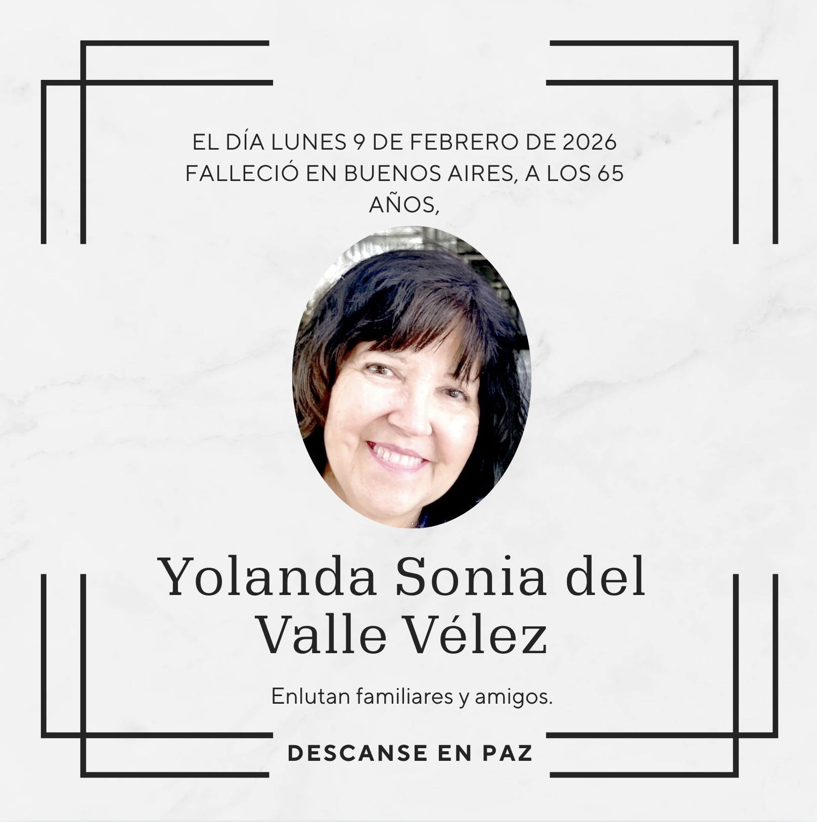 Fallecimiento | Yolanda Sonia del Valle Vélez