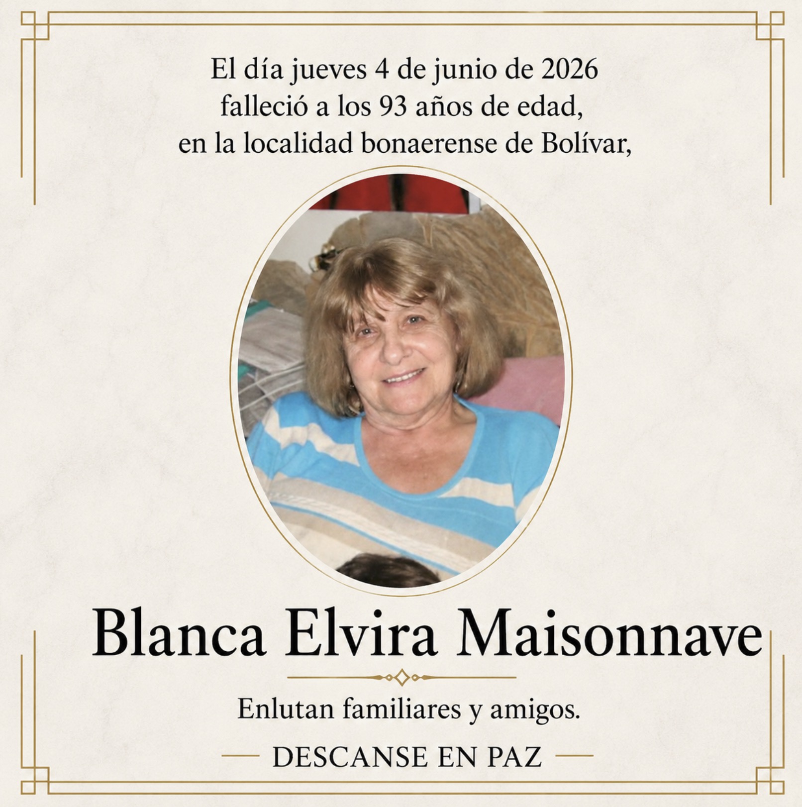 Fallecimiento | Blanca Elvira Maisonnave.