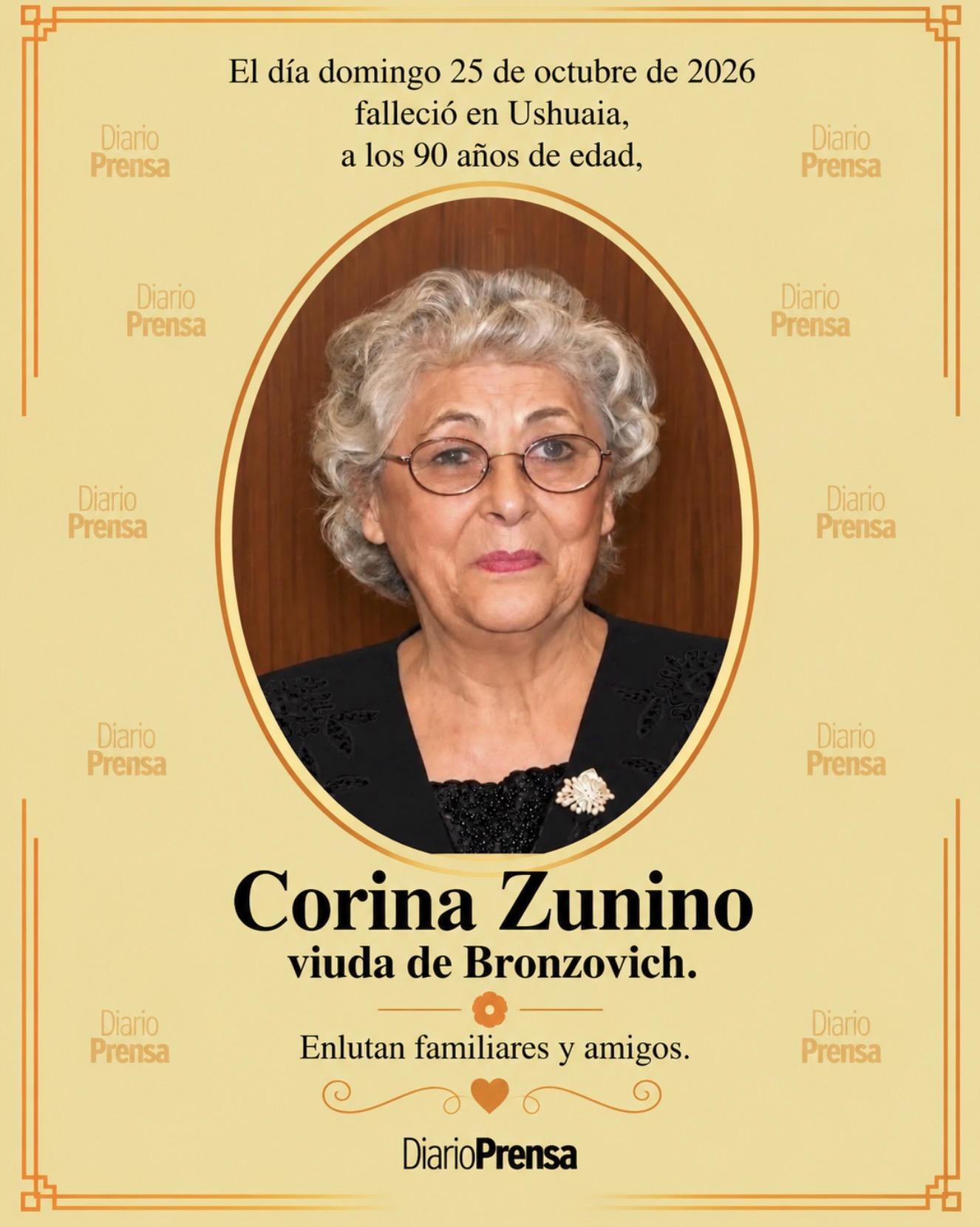 Fallecimiento | Corina Zunino, viuda de Bronzovich.